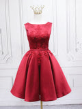 Burgundy Satin Lace Short Prom Dress, A-Line Homecoming Dress HZ1024