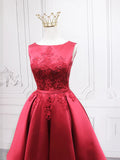 Burgundy Satin Lace Short Prom Dress, A-Line Homecoming Dress HZ1024