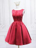 Burgundy Satin Lace Short Prom Dress, A-Line Homecoming Dress HZ1024