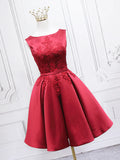 Burgundy Satin Lace Short Prom Dress, A-Line Homecoming Dress HZ1024