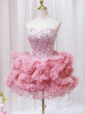 Pink Sweetheart Neckline Tulle Short Prom Dress with Rhinestones, Cute Party Dress HZ1024