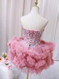 Pink Sweetheart Neckline Tulle Short Prom Dress with Rhinestones, Cute Party Dress HZ1024