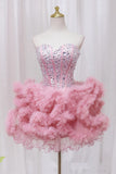 Pink Sweetheart Neckline Tulle Short Prom Dress with Rhinestones, Cute Party Dress HZ1024