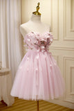 Pink Tulle Short Prom Dress, Pink A-Line Strapless Homecoming Dress HZ1024