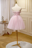 Pink Tulle Short Prom Dress, Pink A-Line Strapless Homecoming Dress HZ1024