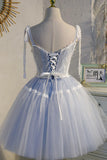 Previous Next Blue Lace Short A-Line Prom Dress, Cute Spaghetti Strap Party Dress HZ1024