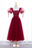 Burgundy Short Sleeve Tulle Tea Length Prom Dress, A-Line Party Dress HZ1024