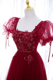 Burgundy Short Sleeve Tulle Tea Length Prom Dress, A-Line Party Dress HZ1024