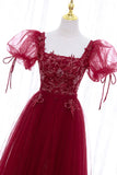 Burgundy Short Sleeve Tulle Tea Length Prom Dress, A-Line Party Dress HZ1024
