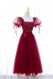 Burgundy Short Sleeve Tulle Tea Length Prom Dress, A-Line Party Dress HZ1024
