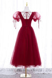 Burgundy Short Sleeve Tulle Tea Length Prom Dress, A-Line Party Dress HZ1024