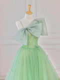 Green Tulle Short Prom Dress, A-Line Evening Dress with Bow HZ1024