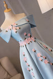 Blue Satin Off the Shoulder Prom Dresses, A-Line Homecoming Dresses HZ1024