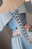 Blue Satin Off the Shoulder Prom Dresses, A-Line Homecoming Dresses HZ1024