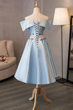 Blue Satin Off the Shoulder Prom Dresses, A-Line Homecoming Dresses HZ1024