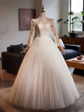 White Tulle Lace Floor Length A-Line Formal Dresses, Beautiful Long Sleeve Evening Party Dress HZ1024