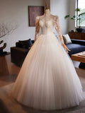 White Tulle Lace Floor Length A-Line Formal Dresses, Beautiful Long Sleeve Evening Party Dress HZ1024