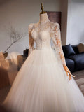 White Tulle Lace Floor Length A-Line Formal Dresses, Beautiful Long Sleeve Evening Party Dress HZ1024