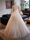 White Tulle Lace Floor Length A-Line Formal Dresses, Beautiful Long Sleeve Evening Party Dress HZ1024