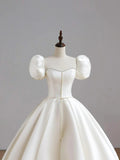 White Satin Long Formal Wedding Dress, Elegant Short Sleeve Evening Dress HZ1024