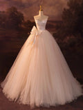 Champagne Strapless Tulle Long Prom Dress, Beautiful A-Line Formal Evening Dress HZ1024