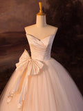 Champagne Strapless Tulle Long Prom Dress, Beautiful A-Line Formal Evening Dress HZ1024