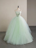 Light Green Tulle Floor Length Prom Dress, Beautiful Strapless A-Line Evening Party Dress HZ1024