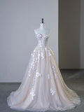 Champagne Tulle Lace Long Prom Dress, Elegant Strapless A-Line Formal Evening Dress HZ1024