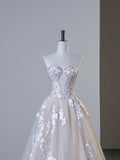 Champagne Tulle Lace Long Prom Dress, Elegant Strapless A-Line Formal Evening Dress HZ1024