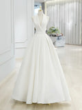 White V-Neck Satin Long Prom Dress, Elegant A-Line Formal Party Dress HZ1024
