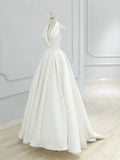 White V-Neck Satin Long Prom Dress, Elegant A-Line Formal Party Dress HZ1024