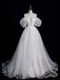 White Tulle Long Prom Dress, Off the Shoulder Short Sleeve Formal Evening Dress HZ1024