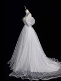 White Tulle Long Prom Dress, Off the Shoulder Short Sleeve Formal Evening Dress HZ1024