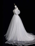 White Tulle Long Prom Dress, Off the Shoulder Short Sleeve Formal Evening Dress HZ1024