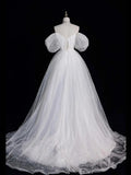 White Tulle Long Prom Dress, Off the Shoulder Short Sleeve Formal Evening Dress HZ1024