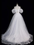 White Tulle Long Prom Dress, Off the Shoulder Short Sleeve Formal Evening Dress HZ1024