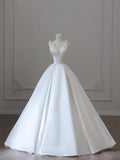 White V-Neck Satin Long Formal Dress, Elegant A-Line Wedding Party Dress HZ1024