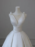 White V-Neck Satin Long Formal Dress, Elegant A-Line Wedding Party Dress HZ1024