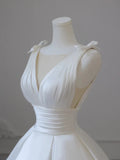White V-Neck Satin Long Formal Dress, Elegant A-Line Wedding Party Dress HZ1024