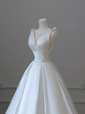White V-Neck Satin Long Formal Dress, Elegant A-Line Wedding Party Dress HZ1024