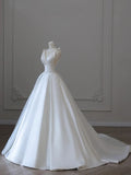 White V-Neck Satin Long Formal Dress, Elegant A-Line Wedding Party Dress HZ1024
