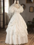 White V-Neck Satin Long Prom Dress, Lace Wedding Dress HZ1024