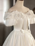 White Satin Lace Short Prom Dress, Off Shoulder Evening Dress, Wedding Dress HZ1024