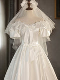 White Satin Lace Short Prom Dress, Off Shoulder Evening Dress, Wedding Dress HZ1024