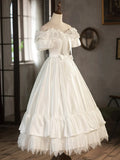 White Satin Lace Short Prom Dress, Off Shoulder Evening Dress, Wedding Dress HZ1024