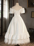 White Satin Lace Short Prom Dress, Off Shoulder Evening Dress, Wedding Dress HZ1024