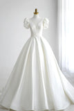 White V-Neck Satin Long Formal Dress, Wedding Formal Dress HZ1024
