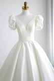 White V-Neck Satin Long Formal Dress, Wedding Formal Dress HZ1024