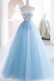 Blue Spaghetti Strap Tulle Beading Long A-Line Prom Dresses HZ1024