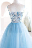 Blue Spaghetti Strap Tulle Beading Long A-Line Prom Dresses HZ1024